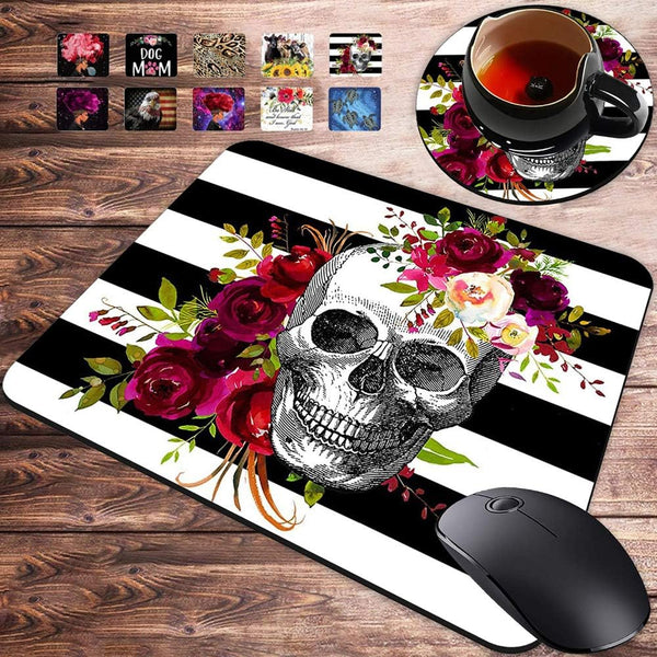 Gaming Mouse Pad and Coasters Set, Skull Flower Mousepad, Non-Slip Rubber Rectangle Mouse Pad