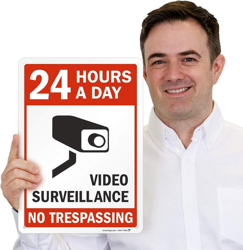SmartSign Plastic Sign, "24 Hours a Day Video Surveillance" with Graphic, 14" x 10", Black/Red on White
