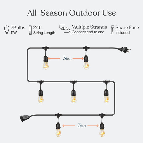 Commercial 24 Dimmable Bulbs, 7 Bulbs 11W Brightech Ambience Pro Incandescent Outdoor String Lights - Grade Waterproof