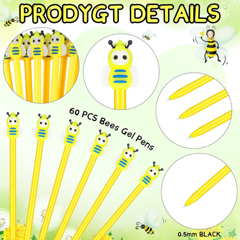 Fainne 60 Pcs Bee Pens, Black Ink Gel Pens for Kids, Cute Cartoon Fine Point Roller Marker Pens for Classroom