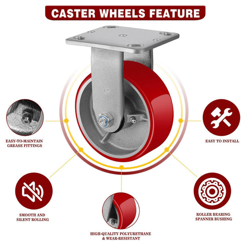 5" X 2" Heavy Duty Industrial Rigid Caster, 1000lbs Load Capacity, No Noise Polyurethane Wheel on Steel Hub (1 Pack).