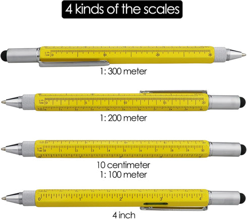 HeTaoCat Gifts Multi Tech Tool, 6 in 1 Stylus Pen with Screwdriver, Ruler, Levelgauge, Ballpoint Black Ink (Yellow)