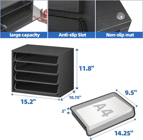 4-Tier Simple Trending Desk File Organizers, Letter Tray Paper Organizer with File Holder, Wooden Paper Sorter
