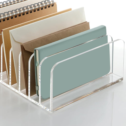 SANRUI Clear Desk Mail Organizer, 9 Compartments Acrylic Document Sorter, Multifunction Letter Folder Racks for Office