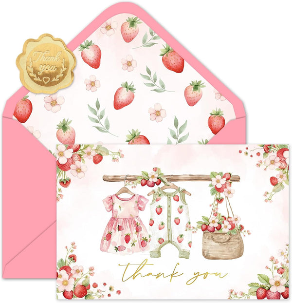 Whaline 50 Pcs Strawberry Baby Shower Thank You Cards with Envelopes Stickers