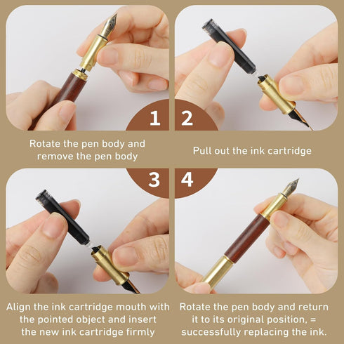 Vintage Wooden Mini Fountain Pen, Short Pocket Travel Fine Nip Pen, Smooth Writing with 15 Pcs Black Ink Cartridges