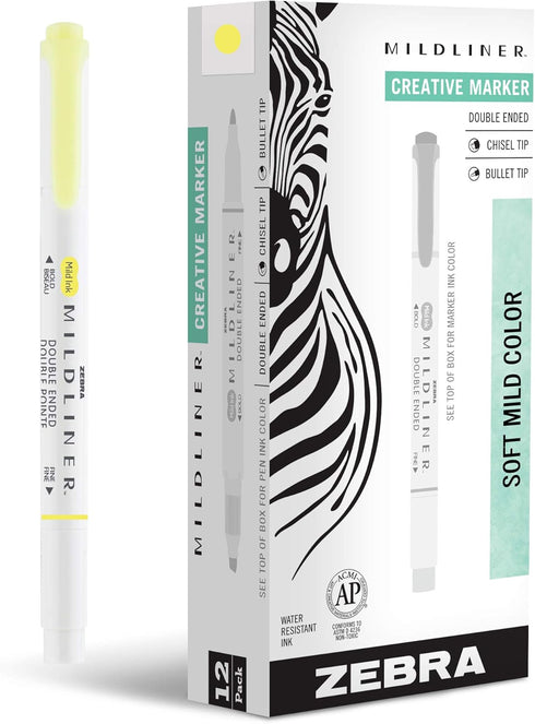 Zebra Pen Mildliner Double-Ended Highlighter Marker Set - 12-Pack with Broad and Fine Point Tips, No Bleed Mild Yellow