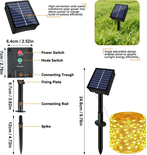 2 Pack 66ft 200LED 8 Solar String Lights Outdoor Waterproof Total Modes Twinkle Lights Solar Fairy Lights for Patio
