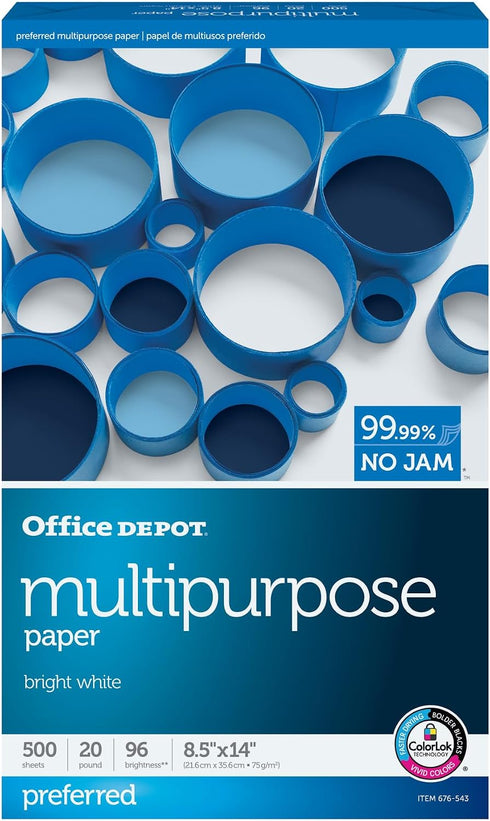 Office Depot 1 (8.5" 14"), 500 20 Lb, 96 Multi-Use Printer & Copy Paper, Ream, White, Legal x Sheets Per Ream