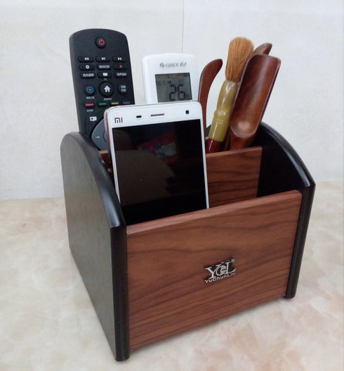 Rotating Wooden Remote Control Holder - Desk Pen Organizer and TV Remote Storage Caddy