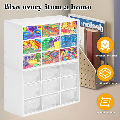 Qivine 2Pcs Small Drawer Organizers, Acrylic Desktop Organizer with 9 Clear Drawers for Office Supply Storage, White