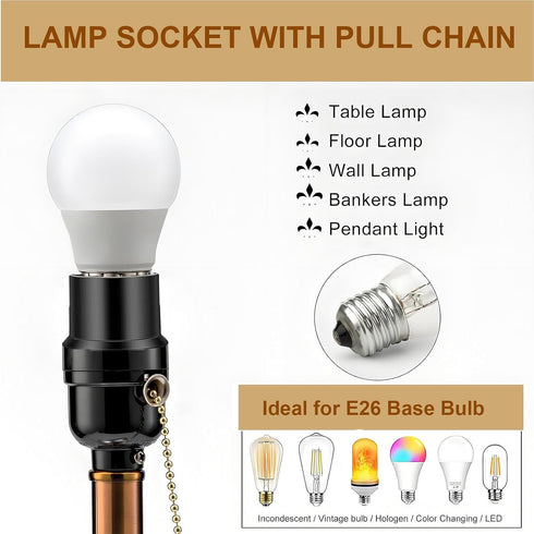 Switch,3 Pack E26 E27 (1/8 Phenolic Medium Base Light Socket with Pull Chain TWDRTDD Black Period Style Edison Retro