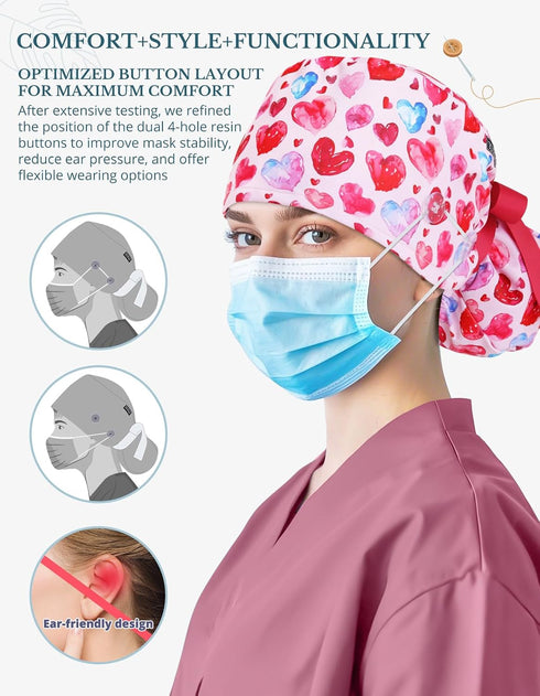Scrub Caps Women Ponytail Pink Heart Double-Sided Printed Surgical Hat with Buttons and Sweatband, Soft Nurse Cap