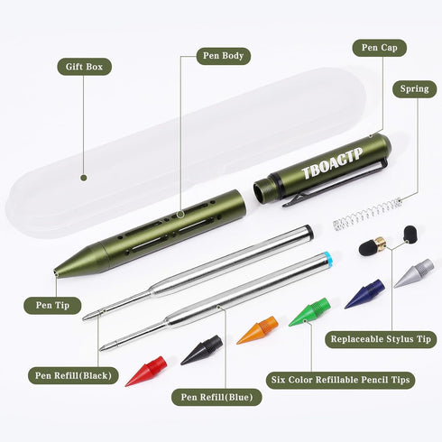TBOACTP 4.7 3 2 6 2 Mini EDC Ballpoint Pen, Pencil and Stylus in One, with Refill, Pencil Tip and Stylus Tip, Bolt