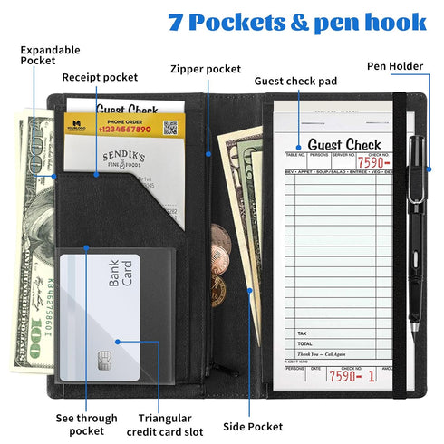 Qindaiwen 5x9" Server Book for Waitress, PU Leather Waiter Books, Restaurant Guest Check Organizer and Zipper High