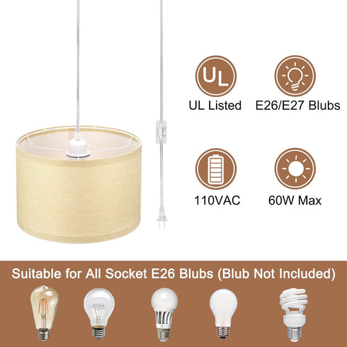 2 Pack 15Ft E26/E27 Bulb PATIKIL Plug in Pendant Light, Rope Cord Hanging Lamp Fixture with ON/Off Switch, Linen Fabric