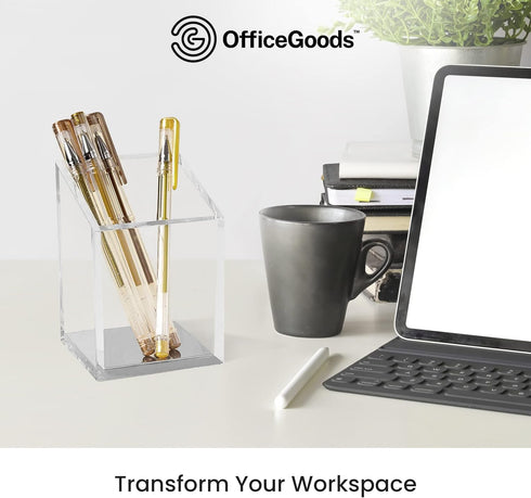 OfficeGoods Acrylic Pen & Pencil Holder - Modern Desk Organizer with Trapezoid Design - Silver Contrasting Metal Base