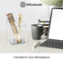 OfficeGoods Acrylic Pen & Pencil Holder - Modern Desk Organizer with Trapezoid Design - Silver Contrasting Metal Base