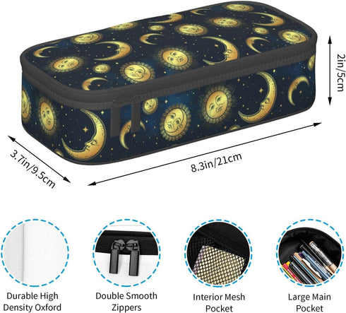Moon Sun and Stars Pencil Case Bag, Gold Celestial Bodies Boho Style Pen Holder for Kids, Students, Desk Organizer