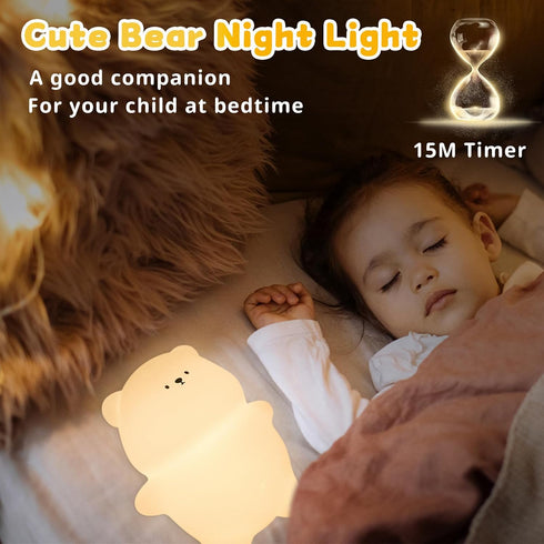 7 3 Dimmable Night Light for Kids, Cute Lying Flat Bear Led Night Light with Colors & Timer, Levels Silicone Kids Night