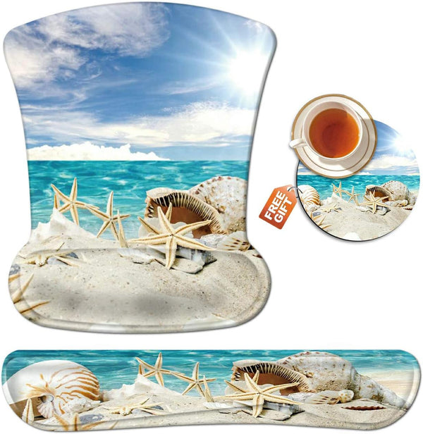 Ergonomic Mousepad with Wrist Support Gel, Comfortable Keyboard Pad Set, Seashells Beach Design, Non-Slip Base