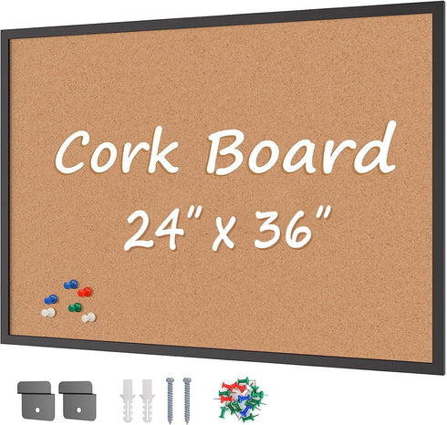 Board2by Cork Board Bulletin Board 24 x 36, Black Wood Framed, Large Wall Mounted Notice Pin Board with 16 Push Pins