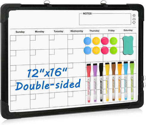 Whiteboard Calendar, 16" x 12" Double-Sided Magnetic Dry Erase Board for Wall, Kitchen, Planning, Memo
