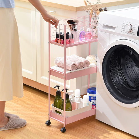 KINGRACK 3-Tier Rolling Utility Cart with Wheels, Metal Slim Storage Organizer for Kitchen, Office, Pink