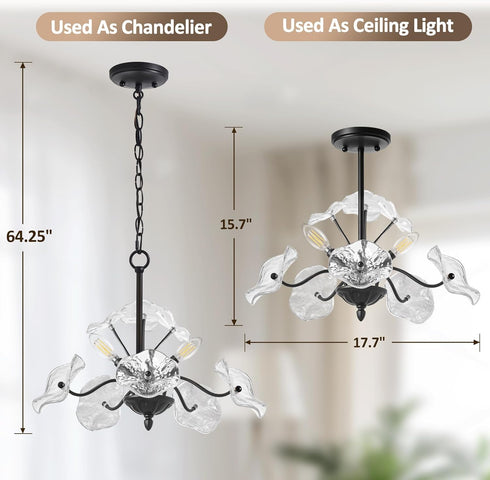 Porch,3 Luvkczc Black Chandelier,Vintage Flower Glass Pendant Light Fixture,Mid Century Ceiling Light Fixture