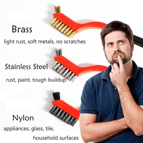 9Pcs 7 Inches Wire Brush Metal Scrubber - Nylon/Brass/Stainless Steel Bristles with Curved Handle Grip for Cleaning