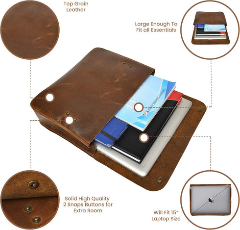 Jajmo Legacy Premium Top Grain Leather Laptop Sleeve - Fits 15” Laptops - Vintage Style Messenger Bag