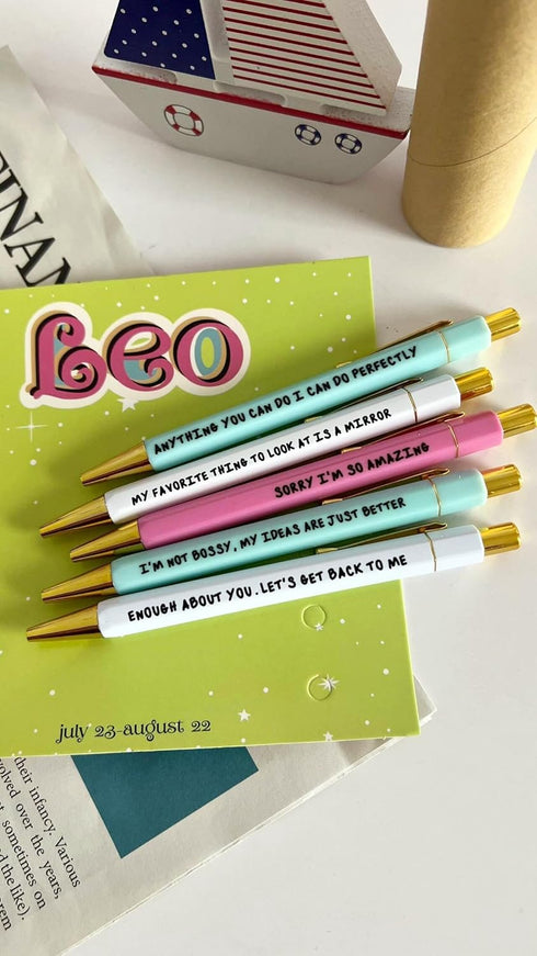 Jxueych 5 Pcs Leo Themed Ballpoint Pens, Inspirational Quotes, Medium Nib 1.0mm, Black Ink, Perfect Office Supplies Gift
