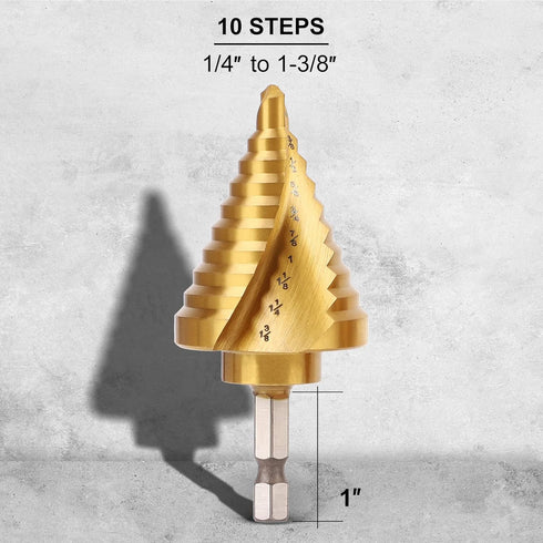 COMOWARE Hex Shank HSS Step Drill Bit, 10 Step Sizes for Metal, Stainless Steel, and Wood