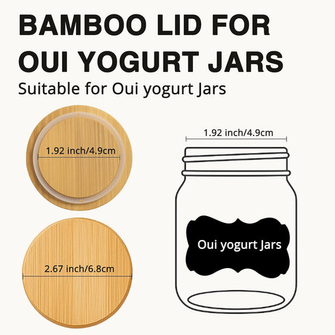 JINUYYNA 6 Pack 5 oz Natural Bamboo Oui Yogurt Jar Lids with Silicone Sealing Rings and Label for Glass Jars, Reusable