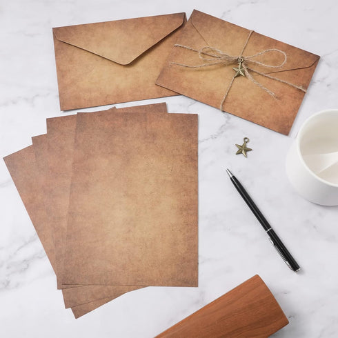 SAVITA 30 Pcs Antique Envelopes and Paper Set, 6.4x4.5inch with 6pcs Hemp Ropes and Decorative Charms for Writing