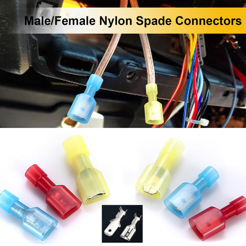 smseace 100Pcs Spade Connectors Kit, 22-10AWG Male/Female Quick Connect/Disconnect Electrical Connectors