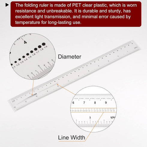 Film Flexible Ruler 12 Inch, Transparent PET Plastic Covered Folding Straight Ruler with 1mm Scale