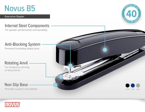 Novus B5 Executive Stapler, 40 Sheet Capacity, German Engineered, Staple|Pin|Tack, Steel Drive, 25 Year Warranty (Black)
