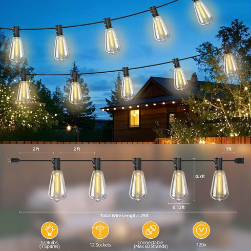 Hobbynors ST38 25FT 12+1 Bulbs, E12 Commercial 2700K Outdoor String Lights with LED Socket, Waterproof Grade, Warm