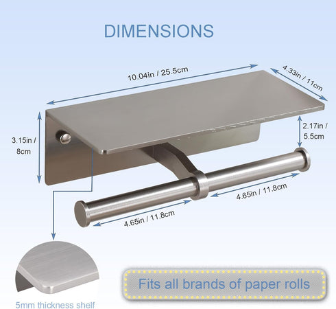 TOPGHIP Toilet Paper Holder - Double Rolls Toilet Tissue Holder with Phone Shelf for Bathroom - TP Roll Holder