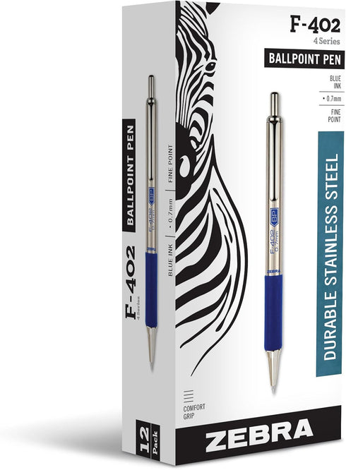 Zebra Pen F-402 Stainless Steel Retractable Ballpoint Ink Pens, 12-Pack, Blue Ink, 0.7mm Fine Point, Refillable