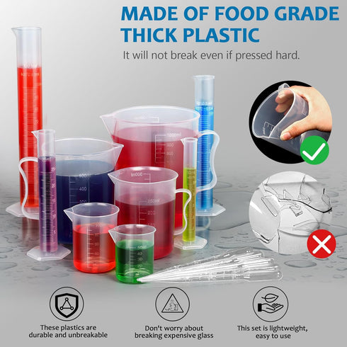 moveland Upgraded Plastic Graduated Cylinder and Beakers Set - 10ml 25ml 50ml 100ml Graduated Cylinder, 5 Pcs Pipettes