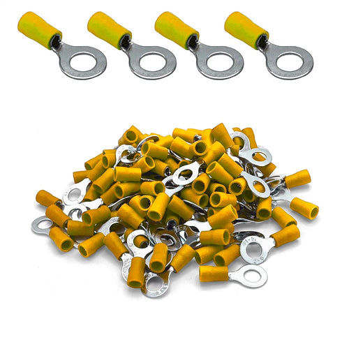 ANGSTROM 1/4" Insulated Bolt Ring Terminals, Electrical Crimp Connectors, 100pcs (12-10ga Yellow)