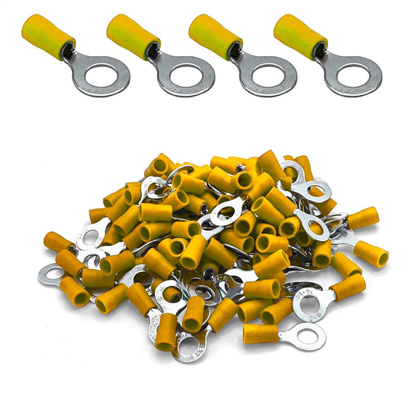 ANGSTROM 1/4" Insulated Bolt Ring Terminals, Electrical Crimp Connectors, 100pcs (12-10ga Yellow)