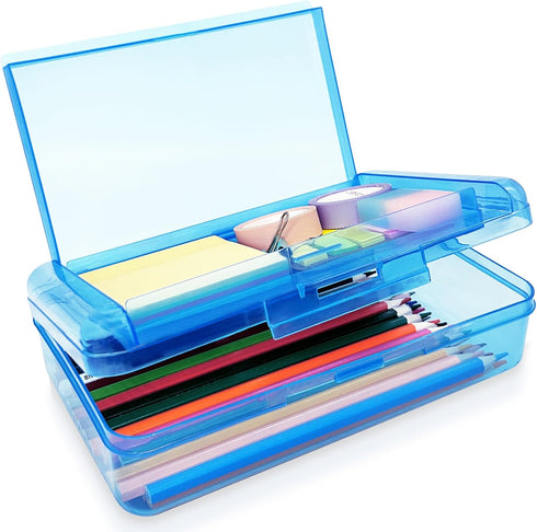 Double Layer Large Capacity Pencil Box, Plastic Translucent Hard Pencil Case with Snap-Tight Lid