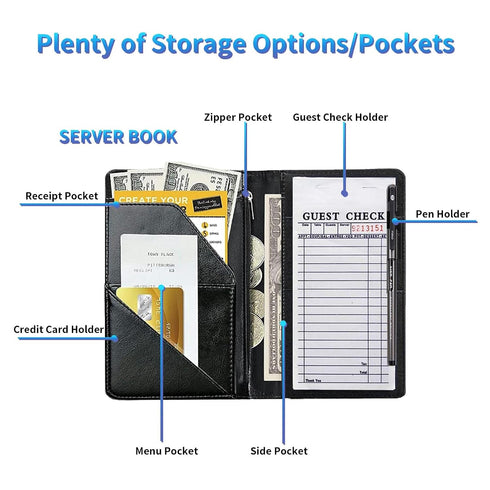 BREIDMKFM 7 Server Books for Waitress, Leather Waiter Book Server Wallet with Zipper Pocket, Storage Pockets