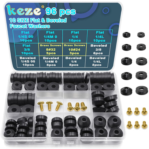 96 PCS 10 Size Faucet Washers Assorted Kit with Brass Bibb Screws for DIY Outdoor Faucets Stem Leak Repair