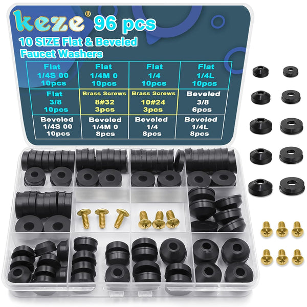 96 PCS 10 Size Faucet Washers Assorted Kit with Brass Bibb Screws for DIY Outdoor Faucets Stem Leak Repair