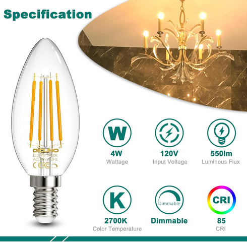 E12 Bulb 60 2700K, 4W E12 Bulb Dimmable, 550lm, Pack 6 DiCUNO Candelabra Watt Equivalent, Warm White LED Type B LED