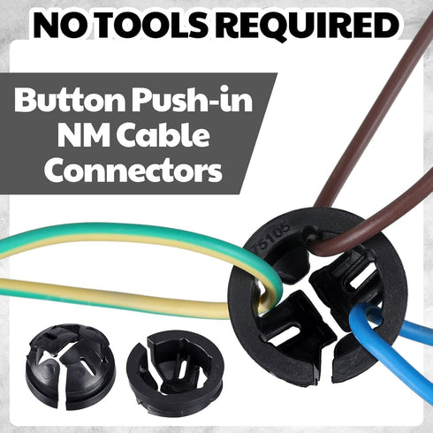 100 Pcs Non Metallic Button Push-in Cable Connector, Black Snap Connector for Junction Box (3/8 Trade Size)